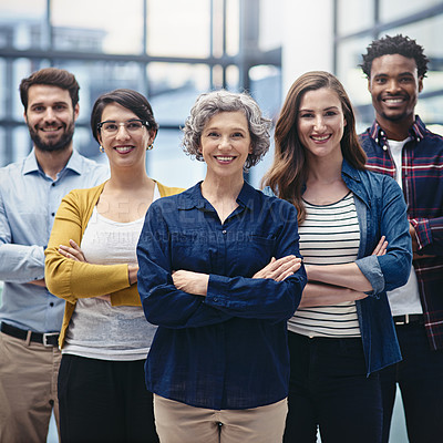 Buy stock photo Team, leadership and portrait of woman with crossed arms in office for teamwork and collaboration. Happy, diversity and group of corporate employees standing with manager with confidence in workplace
