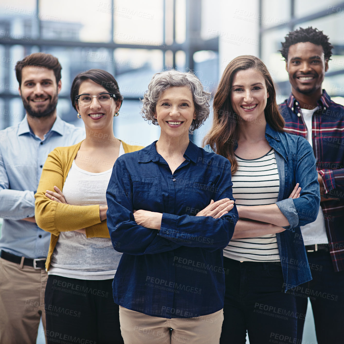 Buy stock photo Team, leadership and portrait of woman with crossed arms in office for teamwork and collaboration. Happy, diversity and group of corporate employees standing with manager with confidence in workplace