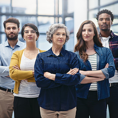 Buy stock photo Team, leadership and portrait of business people with crossed arms in the office with confidence. Happy, collaboration and group of multiracial corporate employees with female manager in workplace.