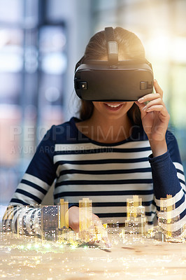 Buy stock photo Happy woman, VR and smile in double exposure of city buildings for testing or metaverse at the office. Female person smiling in virtual reality, building or architecture with technology at workplace