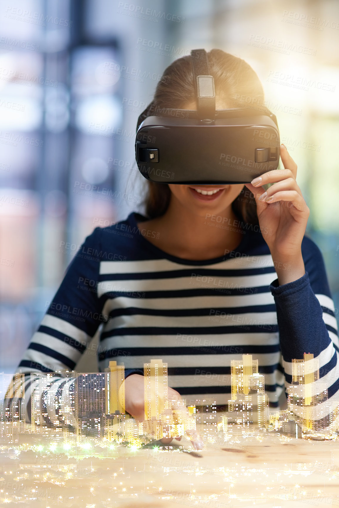 Buy stock photo Happy woman, VR and smile in double exposure of city buildings for testing or metaverse at the office. Female person smiling in virtual reality, building or architecture with technology at workplace