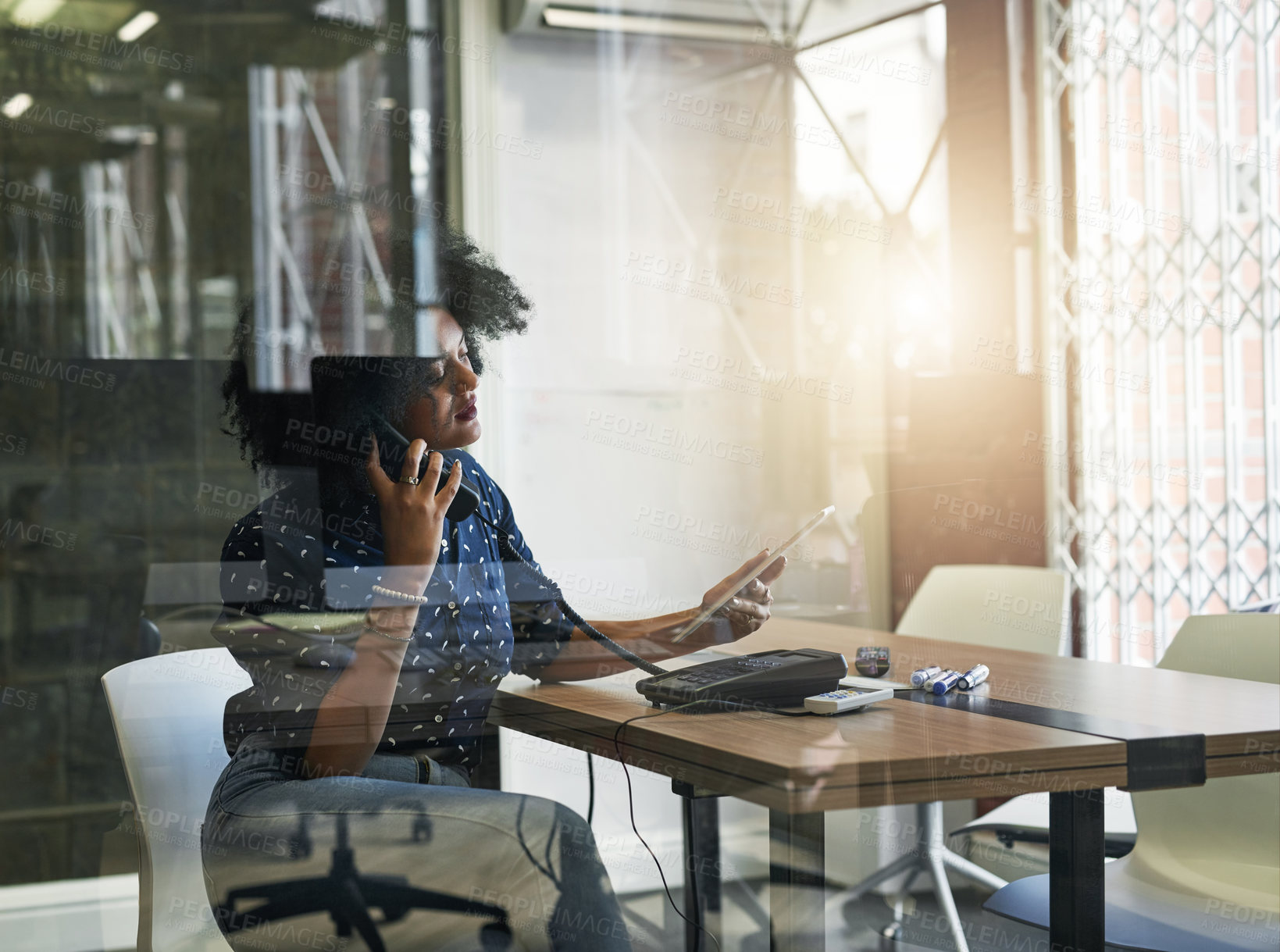 Buy stock photo Woman, telephone call and reading on tablet in office, networking and lens flare at startup. Person, receptionist or secretary with digital touchscreen for schedule, calendar and booking by window