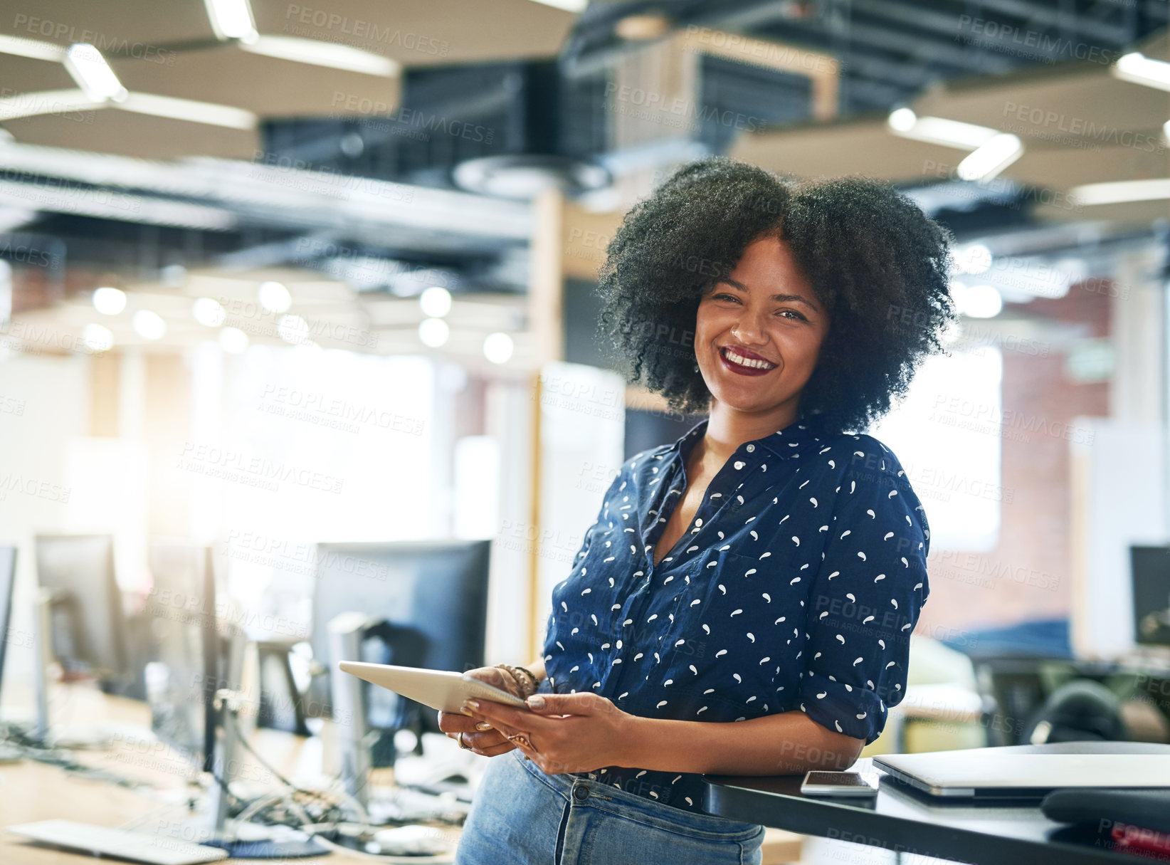 Buy stock photo Business, smile and portrait of woman with tablet for copywriting, research and communication. Office, employee and editor at creative agency with tech for online article, feedback and connectivity