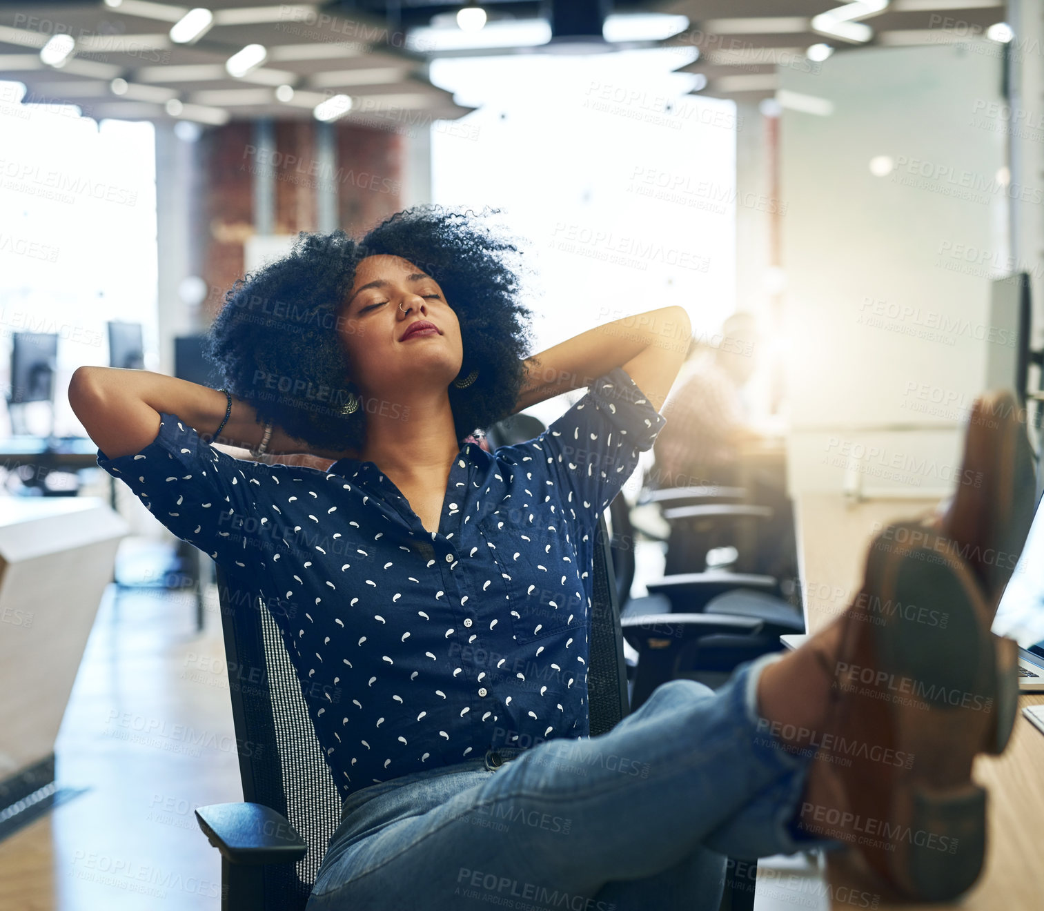 Buy stock photo Business woman, relax and break with rest for completion, done or finished at office desk. Tired female person or young employee enjoying time off on chair for nap, sleep or productivity at workplace