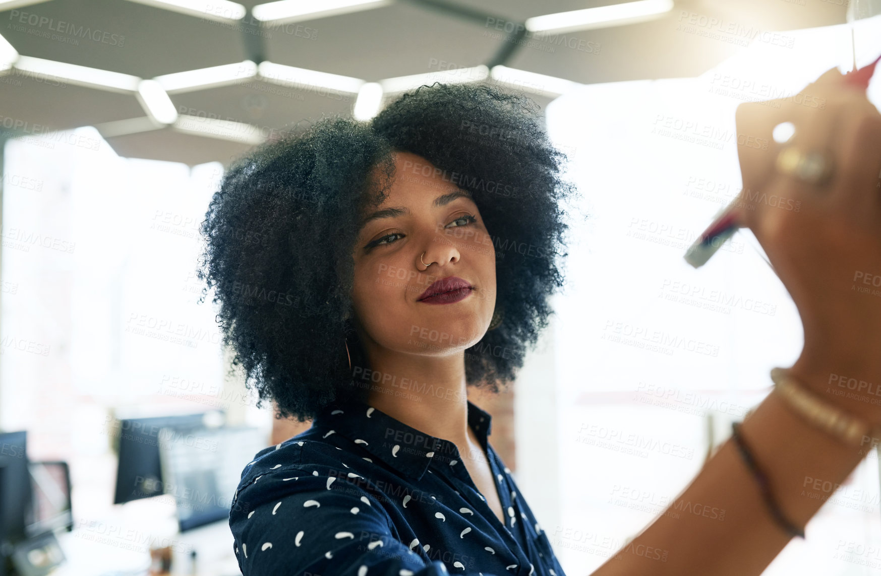 Buy stock photo Woman, writing and planning in workplace with whiteboard, brainstorming and creative with pen for professional strategy. Thinking, ideas and business vision with employee, working and problem solving