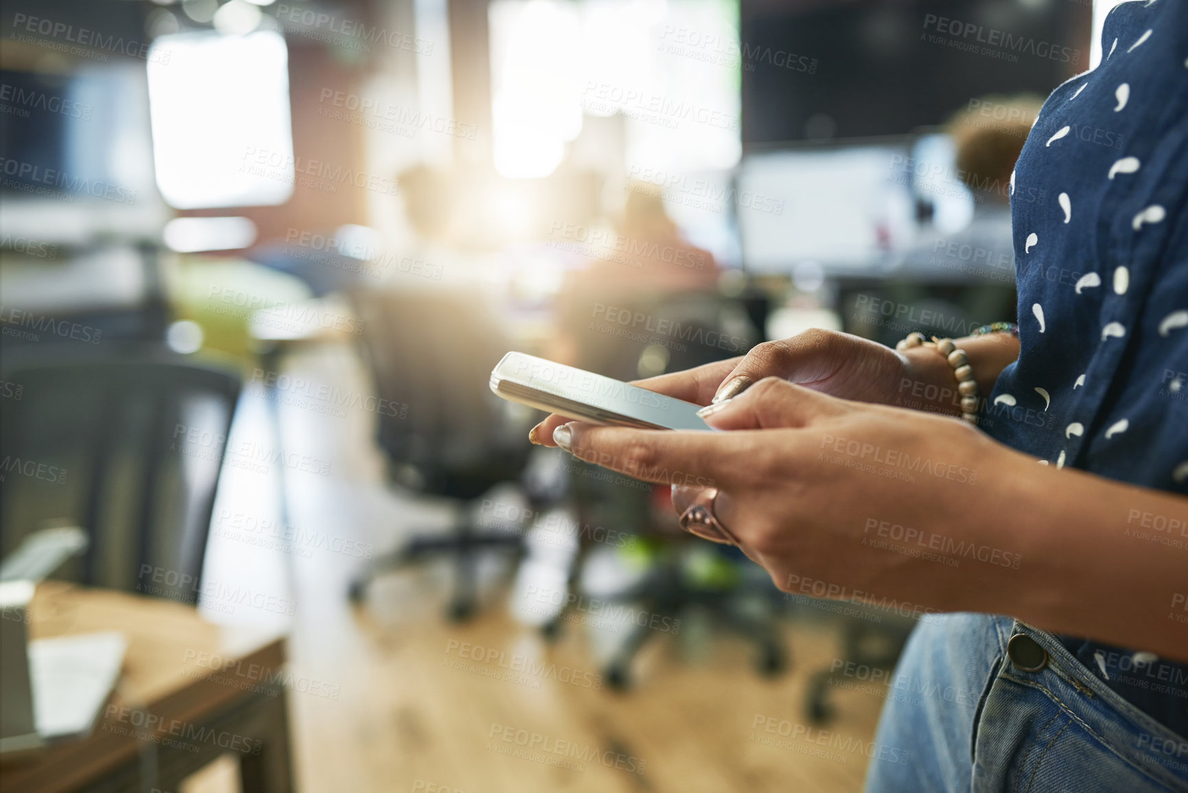 Buy stock photo Business woman, hands and typing with phone for communication, social media or feedback at office. Closeup of female person or employee on mobile smartphone for online chatting, texting or browsing