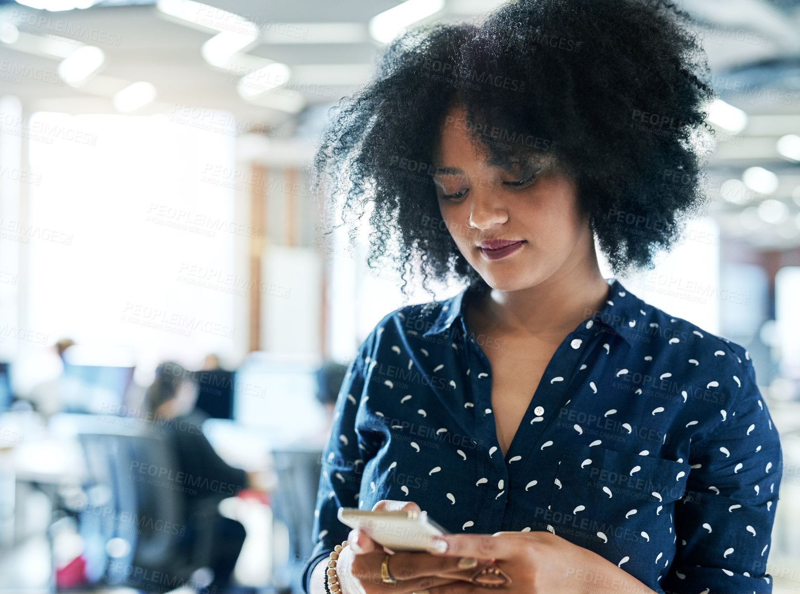 Buy stock photo Black woman, browsing and communication with phone at office for discussion or conversation. Young African, female person or employee on mobile smartphone for online chatting, texting or research