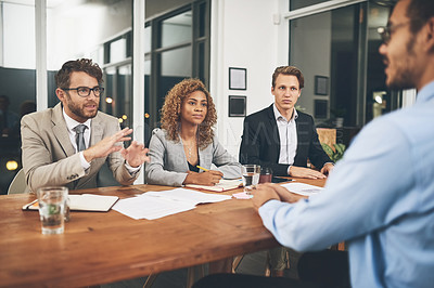 Buy stock photo Professional, interview and hiring for staff by planning for work and communication in a company. Business, recruitment and hr with employee for a collaboration and teamwork during a meeting.