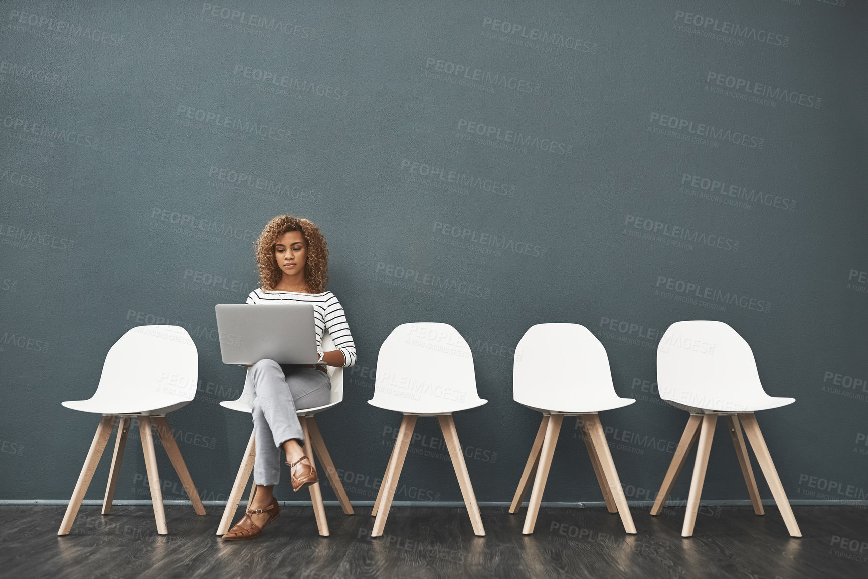 Buy stock photo Business woman, laptop and waiting room for interview, recruitment or human resources website on mockup space. Copywriter reading of opportunity or job search on computer and chair by wall background