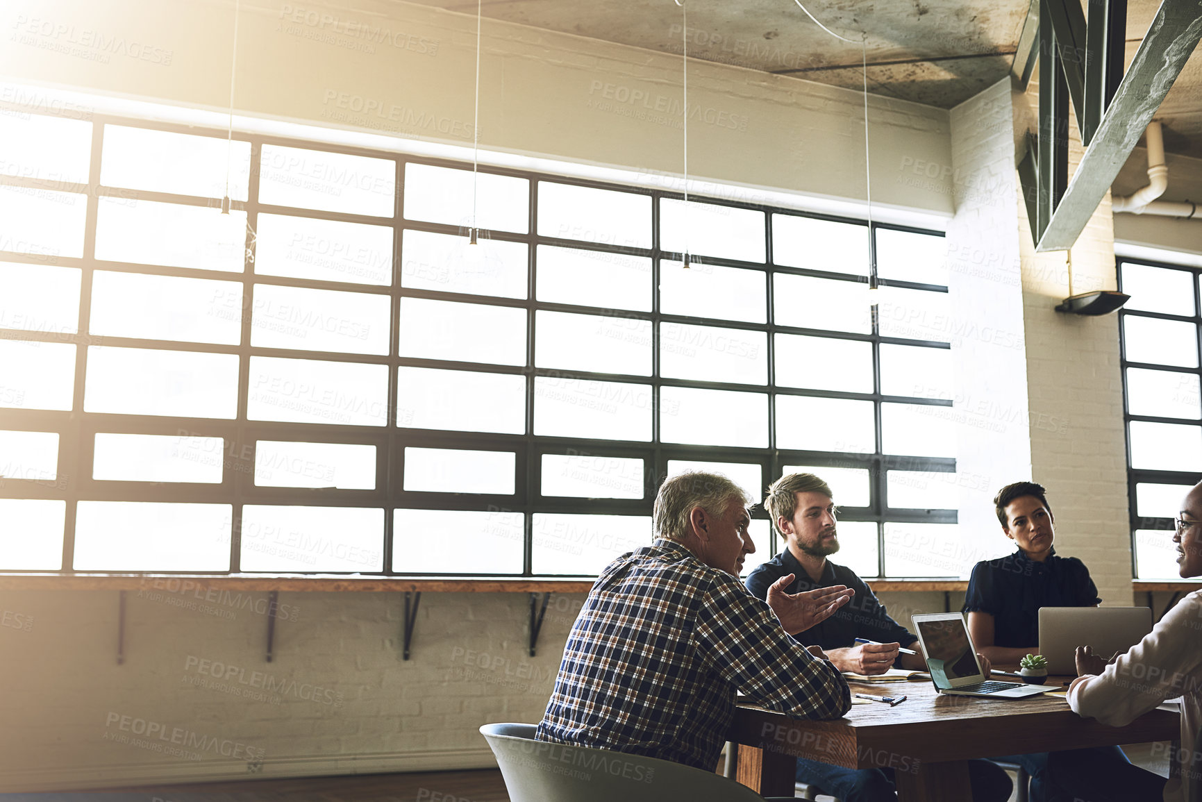 Buy stock photo Teamwork, strategy and discussion with business people in meeting for project management, idea and brainstorming. Planning, commitment and partnership with group of employees for review and startup