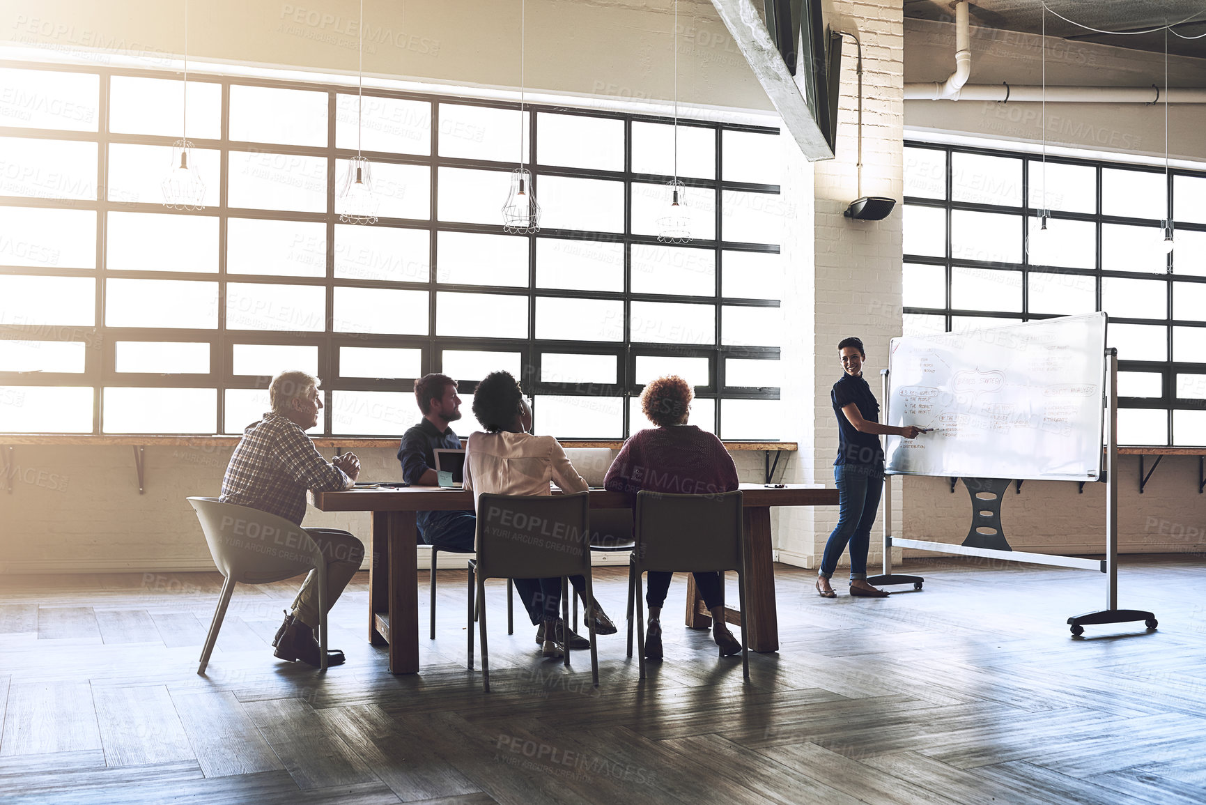 Buy stock photo Presentation, office and business people in meeting for planning, discussion and feedback. Creative company, startup and men and women with whiteboard for teamwork, collaboration and project ideas