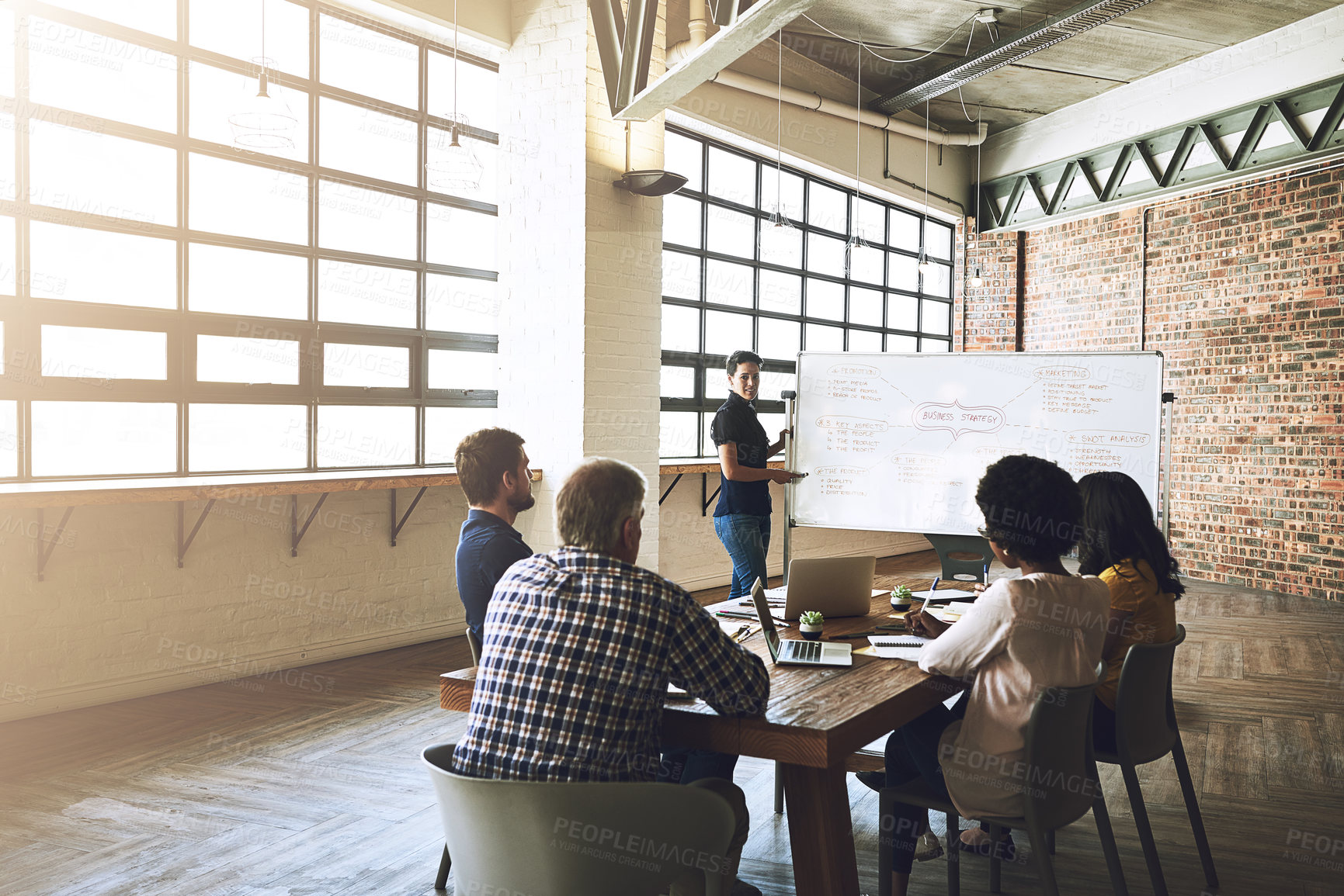 Buy stock photo Presentation, office and business people in meeting for teamwork, discussion and feedback. Creative company, startup and men and women with whiteboard for planning, collaboration and project ideas