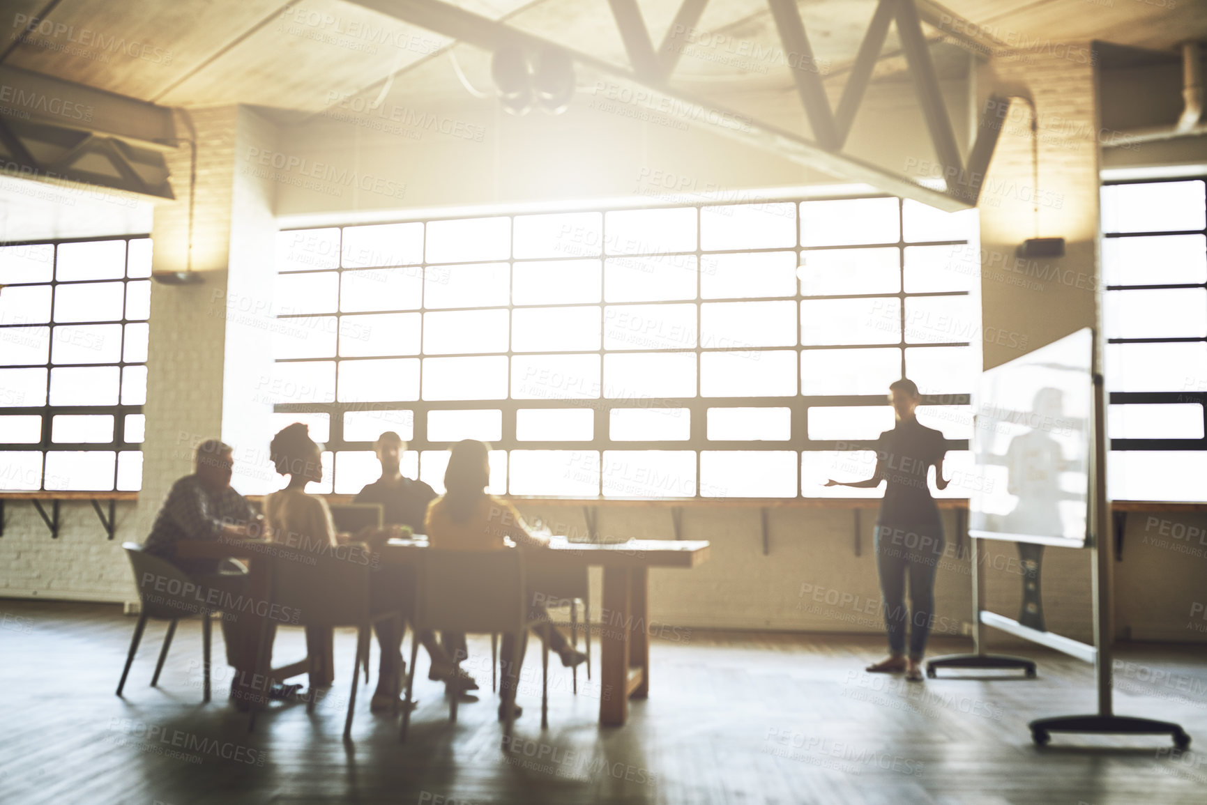 Buy stock photo Presentation, office and business people in meeting for discussion, planning and feedback. Creative company, startup and men and women with whiteboard for teamwork, collaboration and project ideas