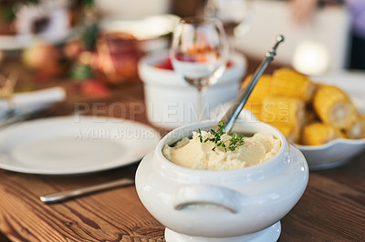 Buy stock photo Mash potato, food and lunch for Christmas on a dining room table for celebration, nutrition and health. Healthy eating, dinner and lunch for Thanksgiving feast, dinner party or fine dining in a house