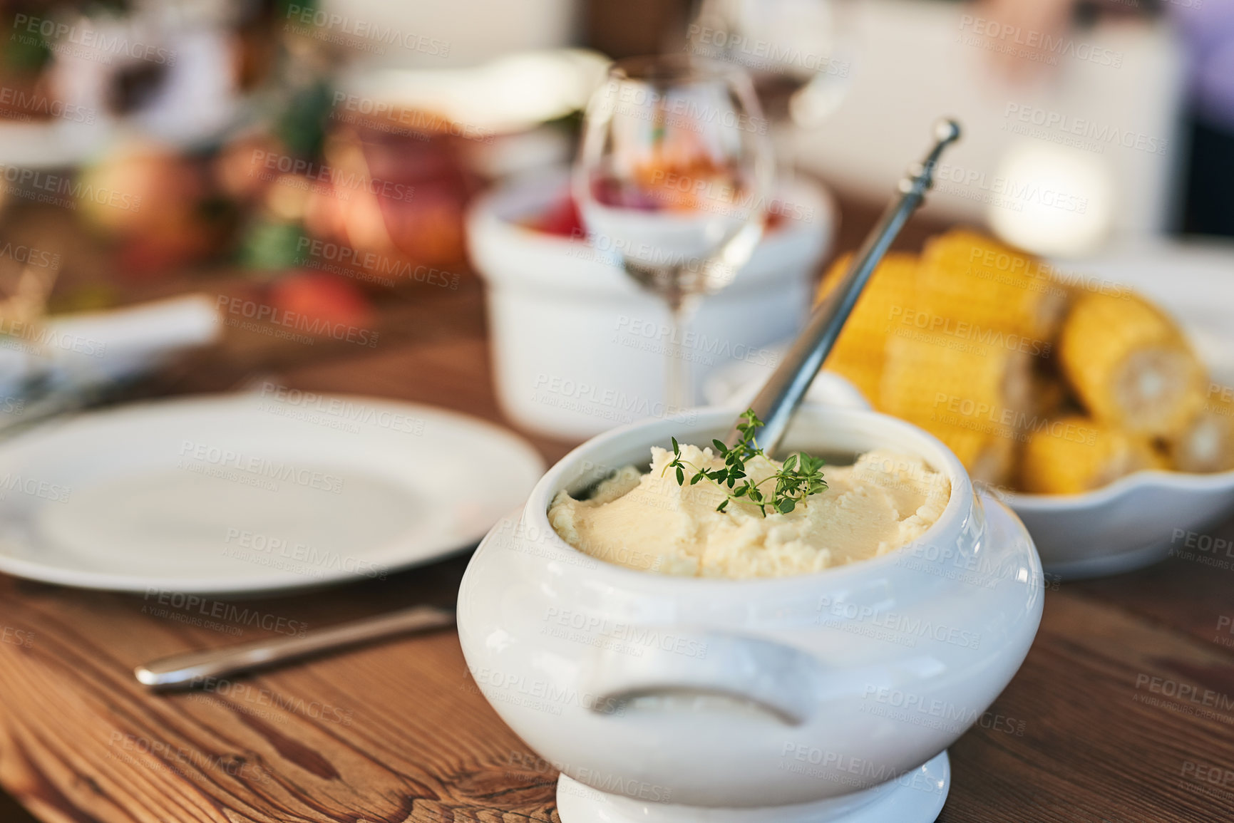 Buy stock photo Mash potato, food and lunch for Christmas on a dining room table for celebration, nutrition and health. Healthy eating, dinner and lunch for Thanksgiving feast, dinner party or fine dining in a house