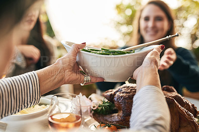 Buy stock photo Family hands, thanksgiving food and green beans salad in holiday celebration, social lunch or dinner gathering in house, home or restaurant. Zoom, woman or festive friends sharing vegetables and meat