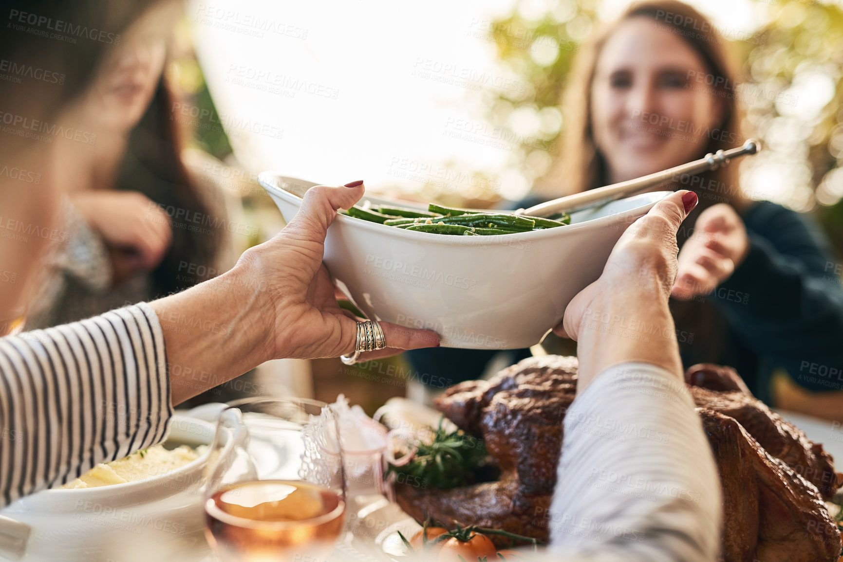 Buy stock photo Family hands, thanksgiving food and green beans salad in holiday celebration, social lunch or dinner gathering in house, home or restaurant. Zoom, woman or festive friends sharing vegetables and meat