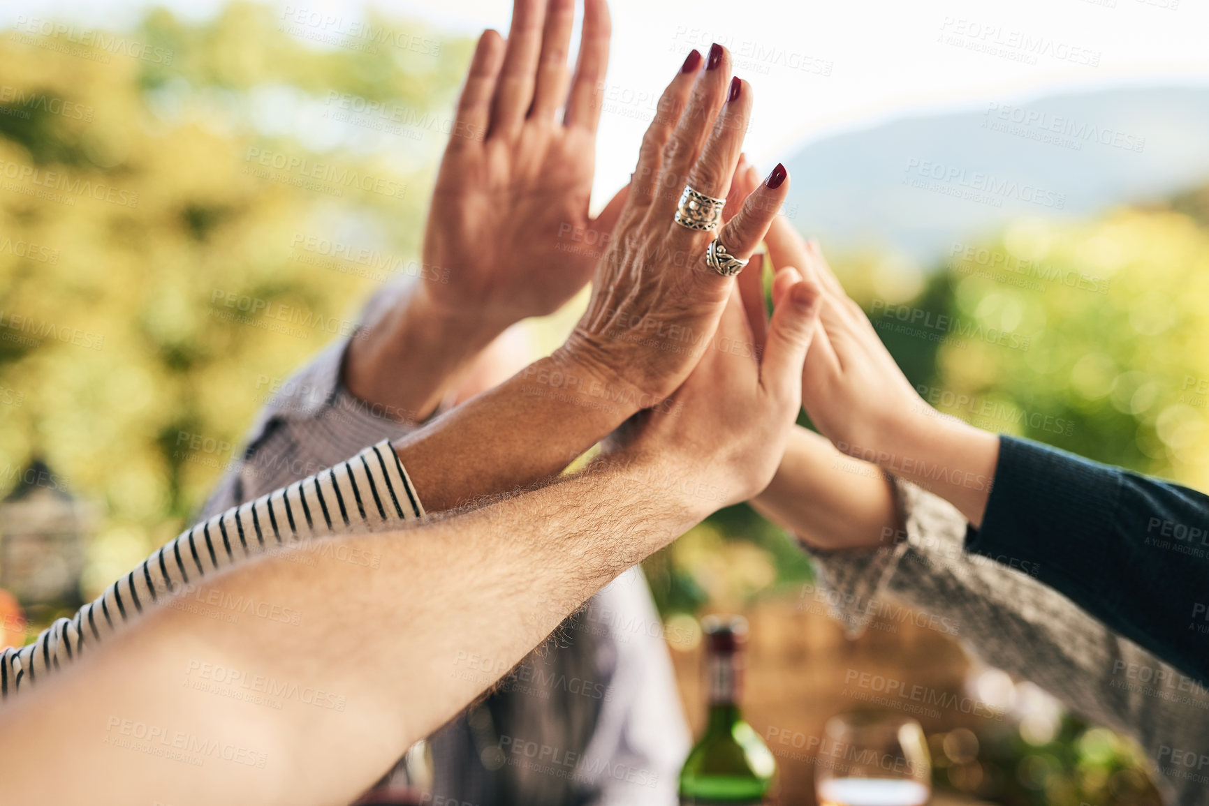 Buy stock photo Hands together, high five and support of family, friends or people in prayer, motivation and unity in a summer garden. Men and women outdoor to celebrate achievement, community or holiday 