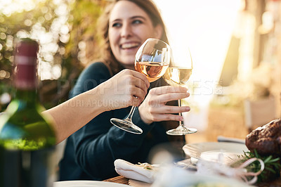Buy stock photo Wine, cheers and friends with a wine glass to toast at a party, event or celebration in nature. Happiness, holiday and people with a glass of a luxury alcohol drink or champagne to celebrate together