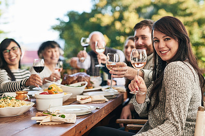 Buy stock photo Family, portrait and wine toast, food and thanksgiving meal on patio by happy, smile and relax people. Happy family, cheers and buffet lunch celebration of tradition, holiday and social gathering