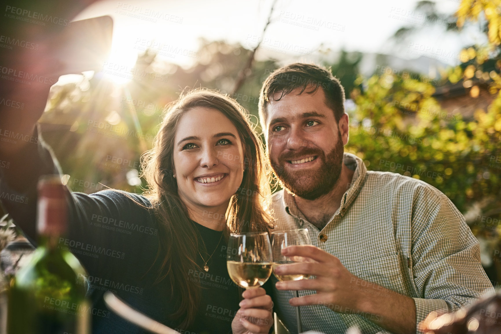 Buy stock photo Couple, happy selfie and wine at vineyard, wine farm and smile on holiday, vacation and outdoor. Woman, man and wine glass in digital photo in summer sunshine, together and love in Marseille, France