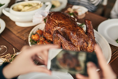 Buy stock photo Chicken, photo and phone with woman at table for food, blog and social media. Thanksgiving, celebration and festive with hand of chef and picture of turkey for Christmas, party and healthy dinner