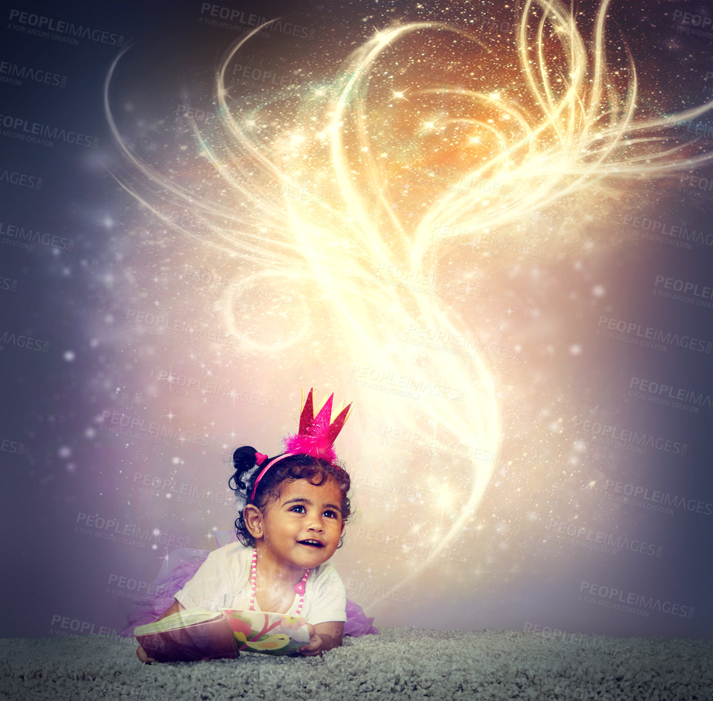 Buy stock photo Llittle girl, princess and crown with book for fairy tale, imagination and stars with magical dust on floor. Happy child, kid or toddler with smile or glow for story, dream or fantasy novel on carpet