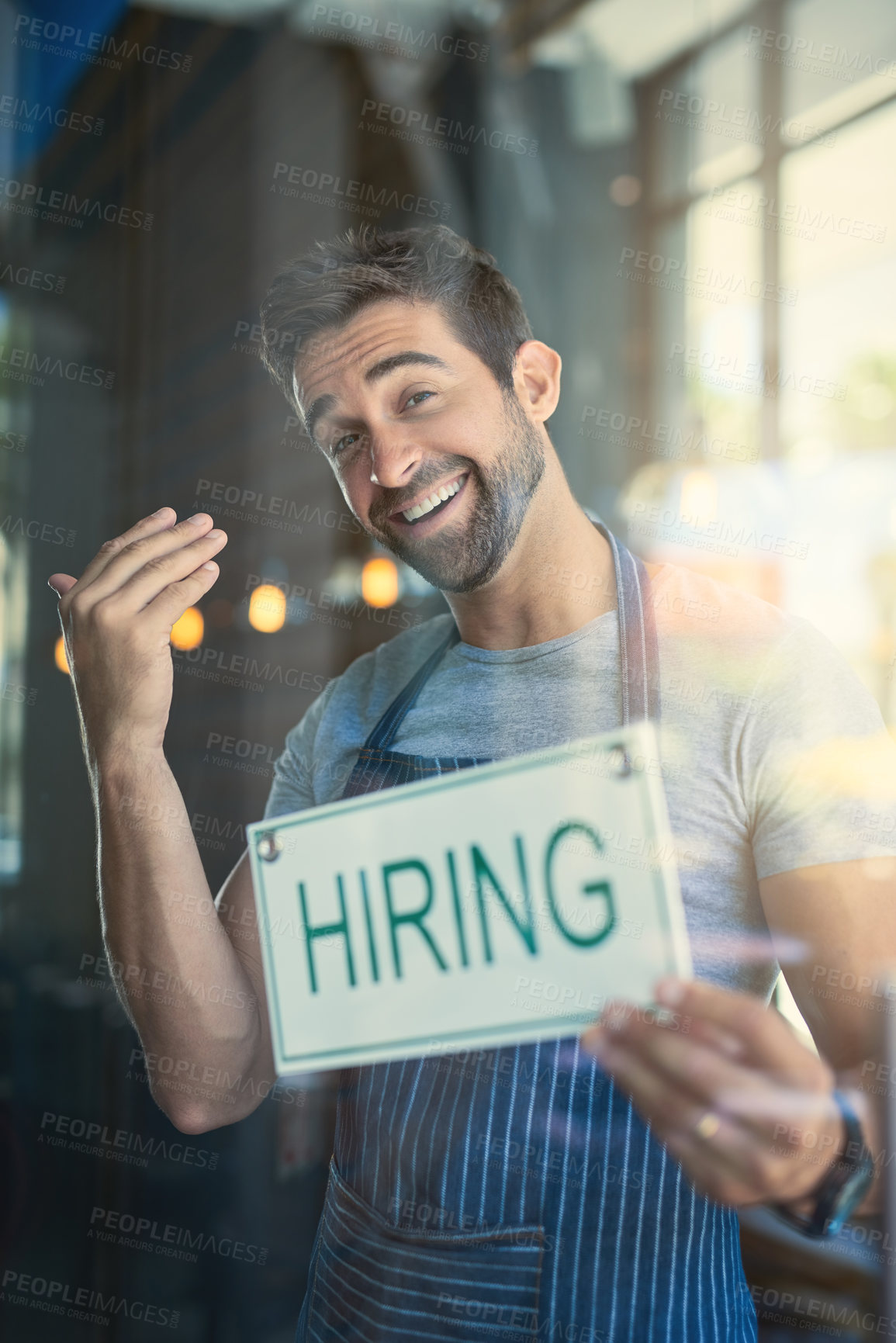 Buy stock photo Businessman, portrait and window with hiring sign at cafe for welcome, career or job opportunity at restaurant. Happy man or small business owner with smile, billboard or poster in recruiting at shop