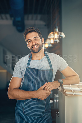 Buy stock photo Portrait of a young man working in a cafe