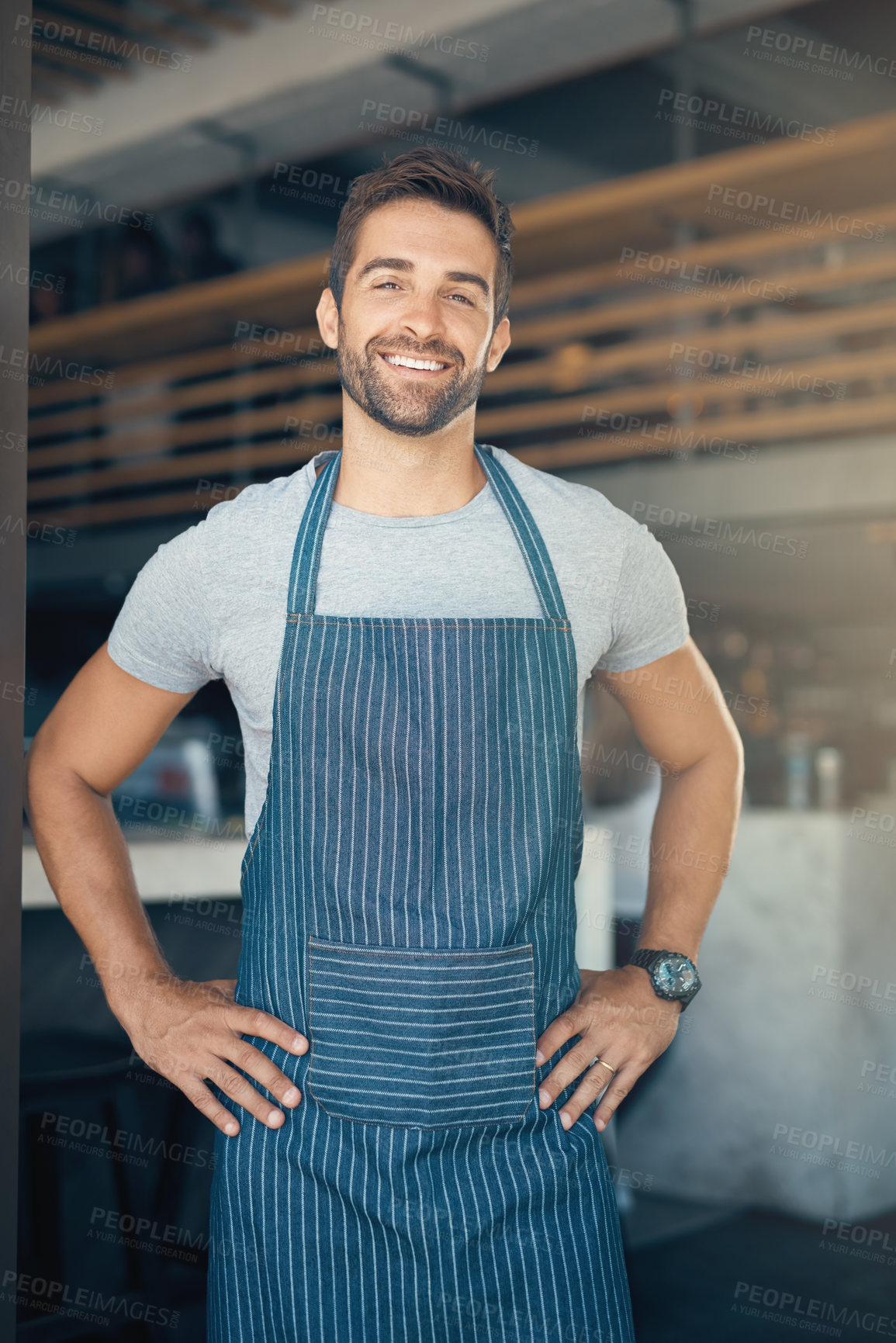 Buy stock photo Portrait, food industry and man in cafe, apron and waiter with confidence, career ambition and friendly service. Face, person and entrepreneur with hospitality, professional and server in restaurant