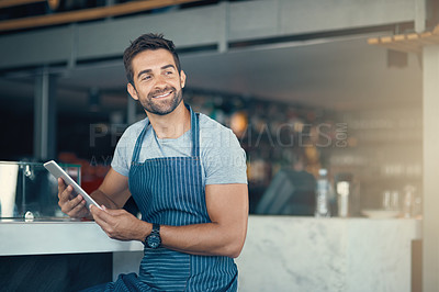 Buy stock photo Business, apron and man with tablet, seller and internet with digital app, barista and friendly service. Online order, person or entrepreneur with tech, schedule or waiter in cafe, checklist or smile