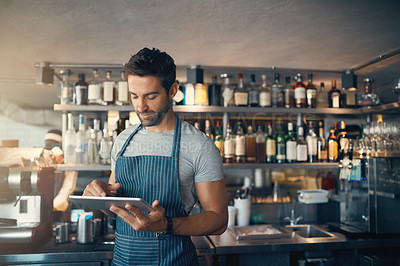 Buy stock photo Man in restaurant, tablet and inventory check, small business and entrepreneur in hospitality industry. Male owner, scroll and cafe franchise, digital admin and stock taking with connectivity