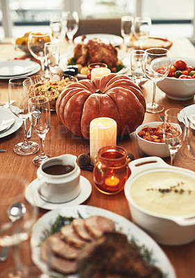 Buy stock photo Thanksgiving, festival celebration and food on table ready to eat on holiday, vacation and traditional party. Festive, Christmas and delicious feast with pumpkin, turkey and meat on dinner table