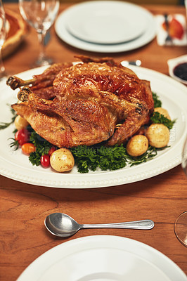Buy stock photo Food, turkey and thanksgiving feast at table with no people, lunch or dinner set up in family home. Meat, chicken and healthy meal in celebration of christmas, tradition or sunday lunch in empty room