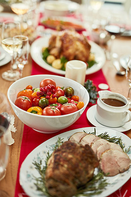 Buy stock photo Christmas food, roast beef or tomato vegetables on dining table in empty house, home or restaurant. Zoom, texture and festive meat, ham or thanksgiving turkey in social gathering or lunch celebration