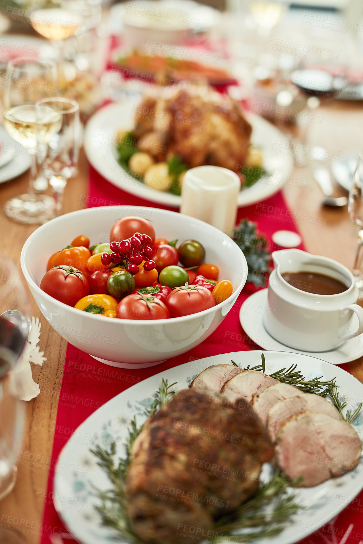Buy stock photo Christmas food, roast beef or tomato vegetables on dining table in empty house, home or restaurant. Zoom, texture and festive meat, ham or thanksgiving turkey in social gathering or lunch celebration