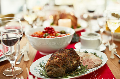 Buy stock photo Background, roast beef and thanksgiving food on dining table for dinner party, celebration and christmas, family lunch and meal at home. Closeup of ham, meat and festive feast in fine dining room 