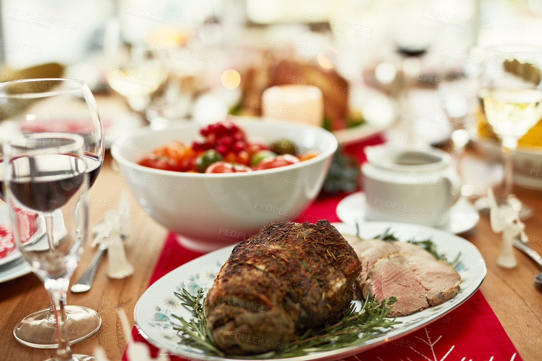 Buy stock photo Background, roast beef and thanksgiving food on dining table for dinner party, celebration and christmas, family lunch and meal at home. Closeup of ham, meat and festive feast in fine dining room 