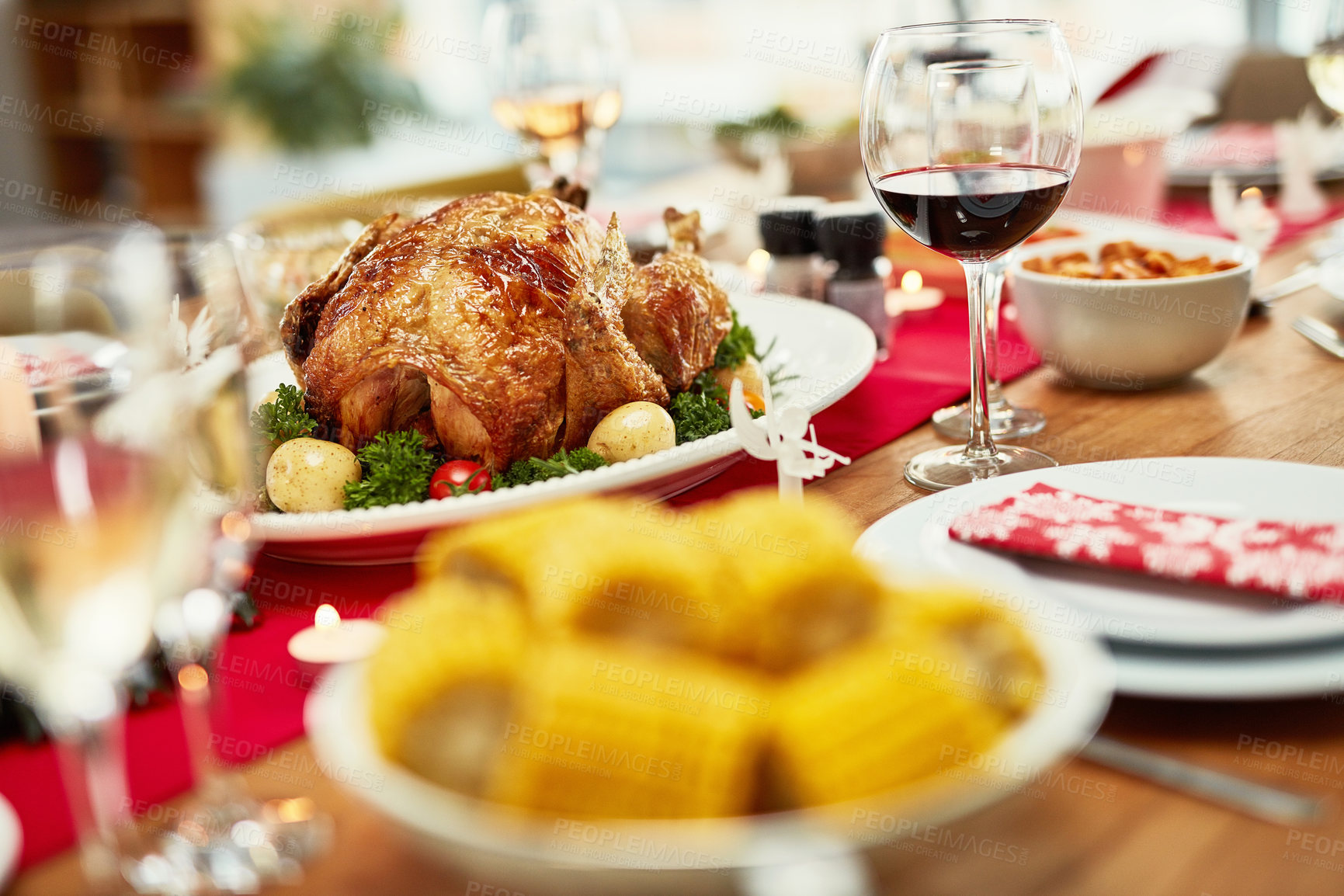 Buy stock photo Festival, food and alcohol on table in home for dinner party, celebration and family or social event. Closeup of feast, lunch and gourmet meal for holiday, festive eating and Thanksgiving with wine