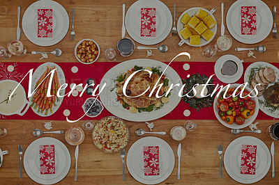 Buy stock photo Christmas, table and overlay with food, turkey or poultry for festive holiday meal in family home. Top view, fine dining or celebration party with healthy chicken at feast, dinner or lunch in house