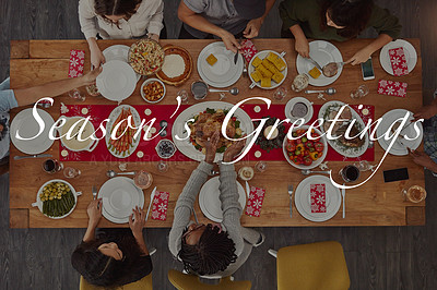 Buy stock photo Banner invitation to Christmas dinner, advertising and marketing with text overlay and party from above. Food, friends and family celebrating holiday event together at table with seasons greetings.