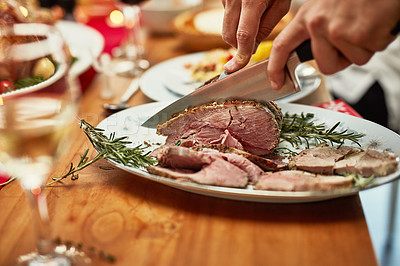 Buy stock photo Cropped shot of roast beef on a dining table
