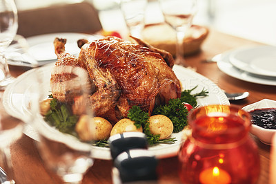Buy stock photo Chicken, turkey or barbecue meat on food plate in celebration of Christmas or thanksgiving in a family home. Bbq and grilled chicken meal to celebrate in a dinner party on a house dining room table 