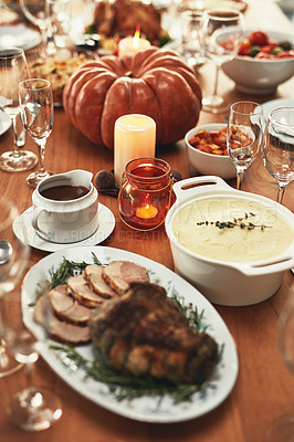 Buy stock photo Christmas, tradition and lunch celebration with food on a dining room table during a holiday. Nutrition, healthy and dining table during Thanksgiving for a dinner party, roast dinner or supper