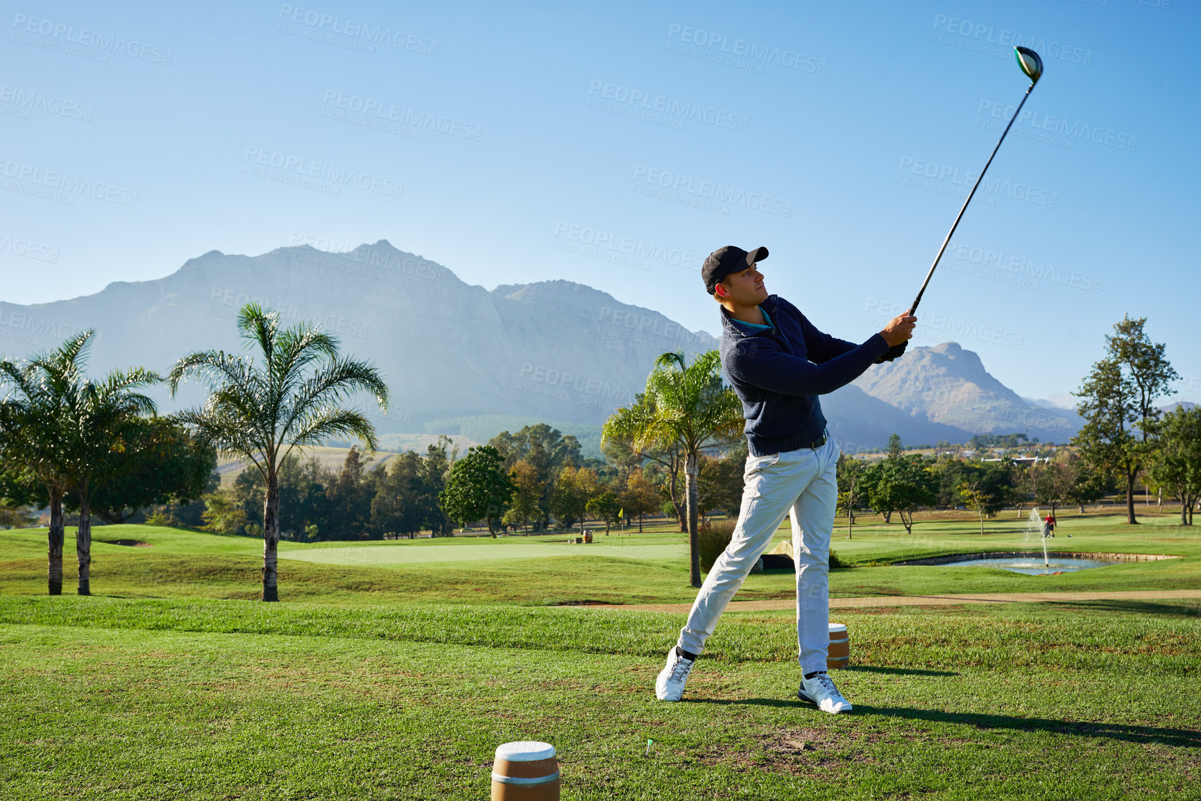 Buy stock photo Golf course, man and swing driver for sport, training or exercise on grass outdoor. Golfer, competition or stroke with wood club for game, practice or professional handicap for summer hobby on mockup