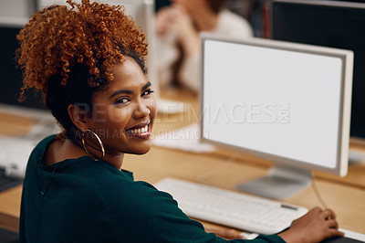 Buy stock photo High angle portrait of a young female university student studying in the library
