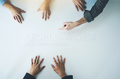 Buy stock photo Space, brainstorming and hands of team using paper in collaboration and planning strategy. Our vision, idea discussion and closeup people group in business development meeting for project management