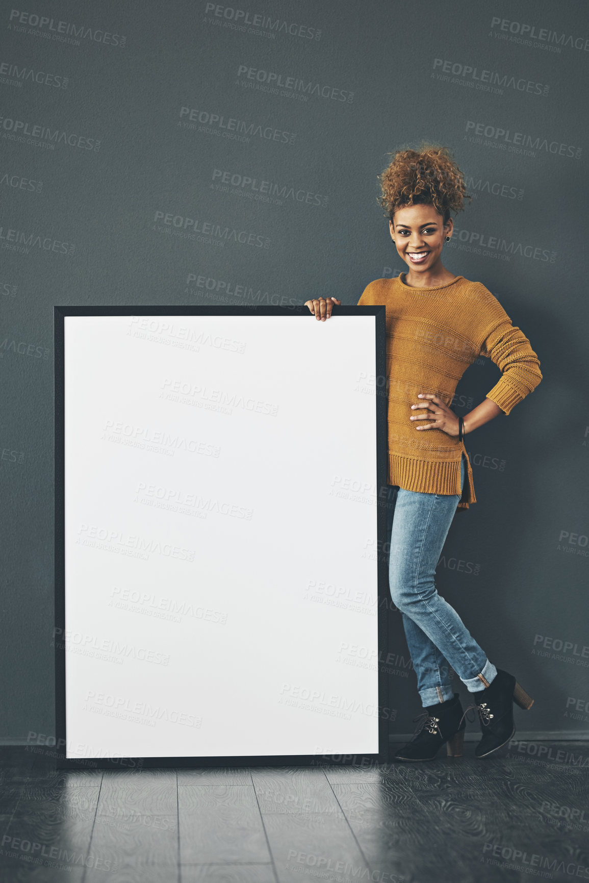 Buy stock photo Happy, poster and portrait of woman on wall background for news, announcement and review. Mockup space, social media and person with sign, billboard or banner for information or advertising in studio