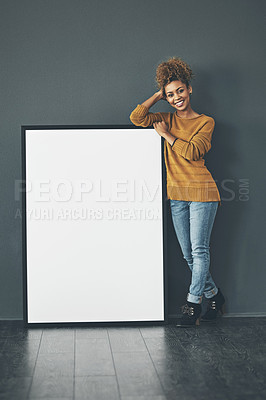 Buy stock photo Happy, poster and portrait of woman on gray background for news, announcement and review. Mockup space, social media and person with sign, billboard or banner for information or advertising in studio