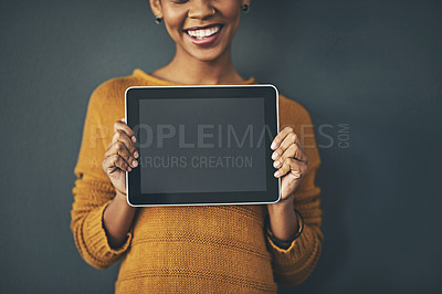 Buy stock photo Woman holding digital tablet with a blank screen, copy space or chromakey for online advertising. Creative female with plain touch screen, branding for business logo or news and marketing.
